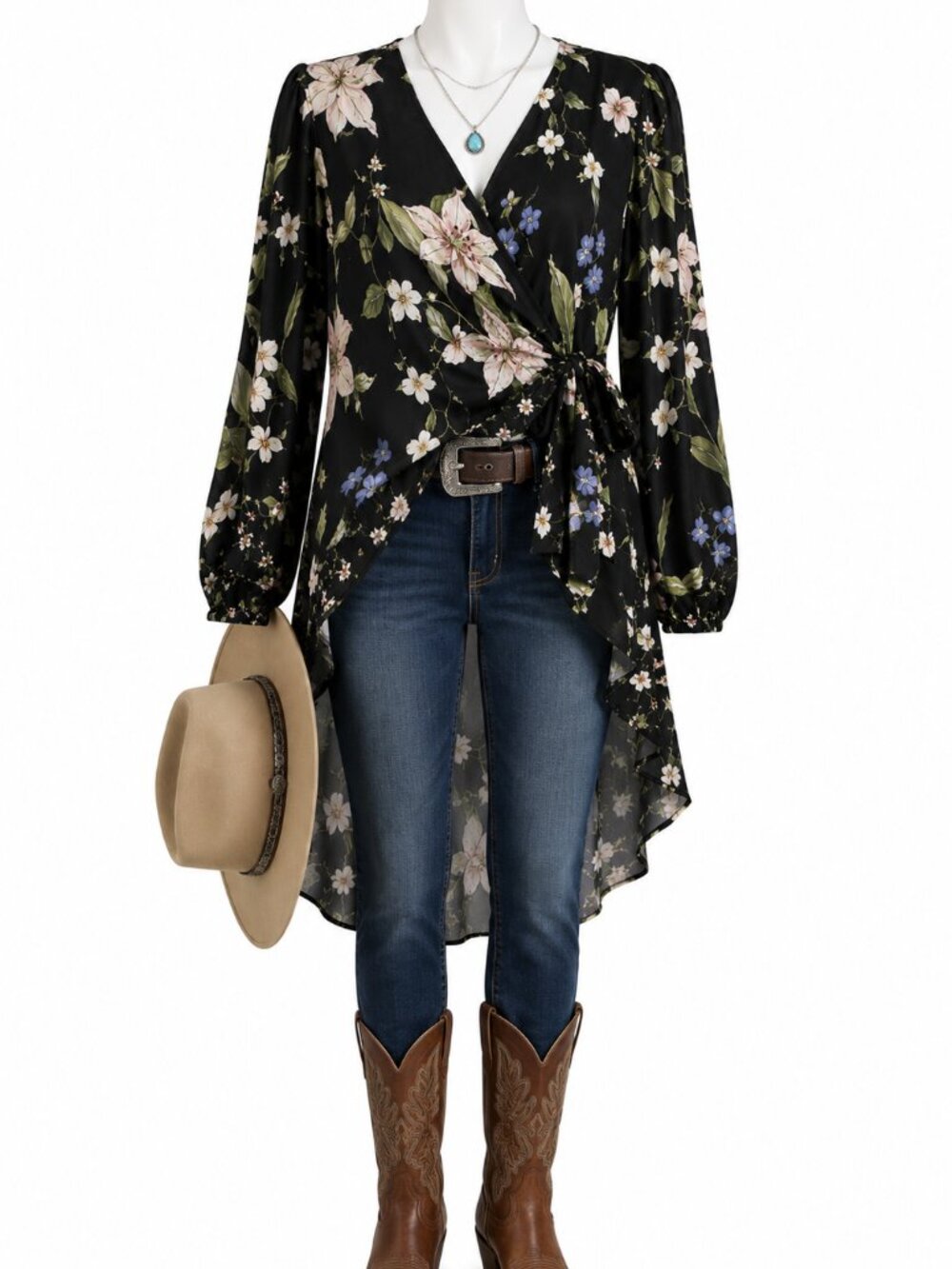 New York & Company Black Floral Wrap High-Low Blouse – Size M – NWOT